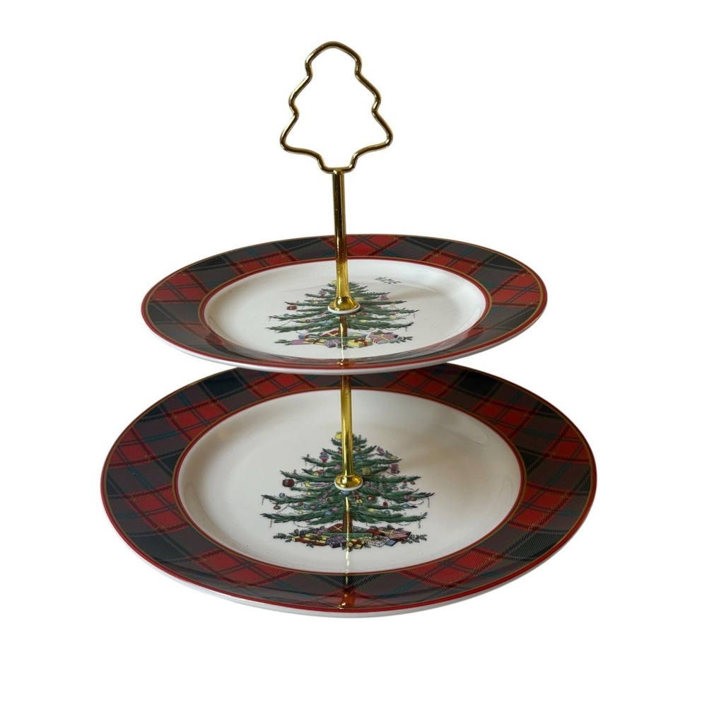 Spode Christmas Tree Tartan 2 Tiered Server Upper Plate 8" Lower Plate 10"